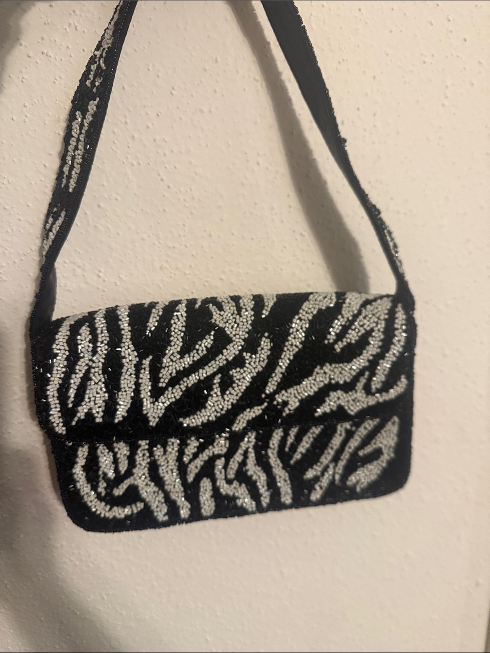 Beaded Black and Silver Zebra-Print Shoulder Bag